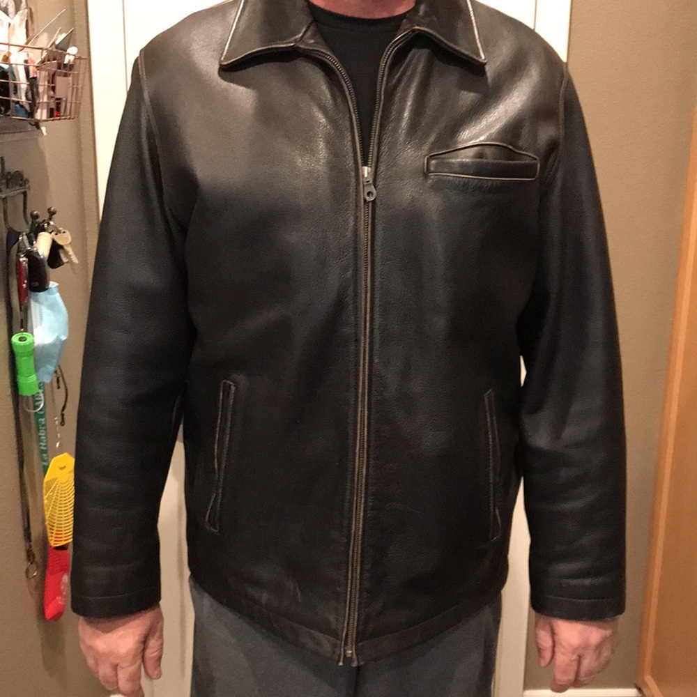 Men’s heavy leather jacket, Large, brown.